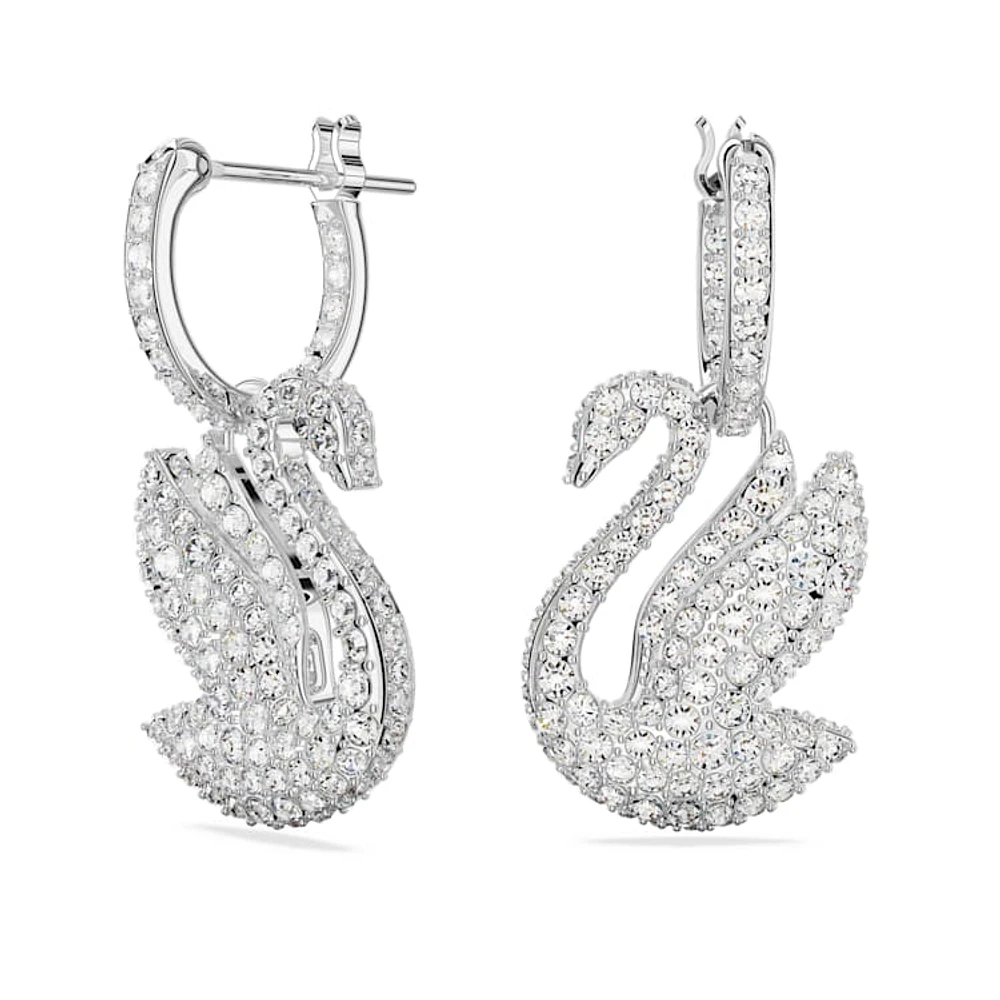 Swan drop earrings, Swan, White, Rhodium plated by SWAROVSKI