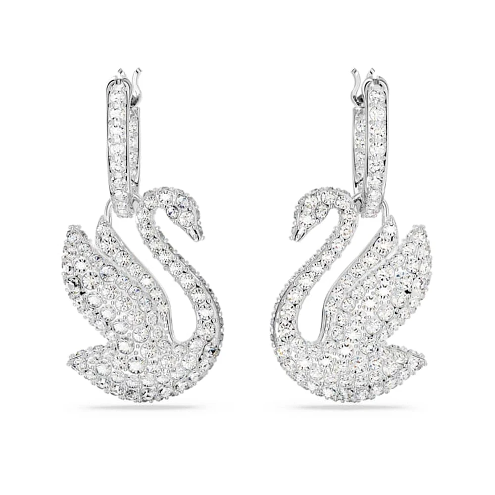 Swan drop earrings, Swan, White, Rhodium plated by SWAROVSKI