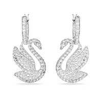 Swan drop earrings, Swan, White, Rhodium plated by SWAROVSKI