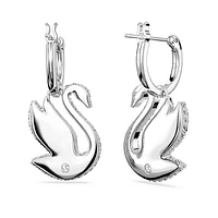 Swan drop earrings, Swan, White, Rhodium plated by SWAROVSKI