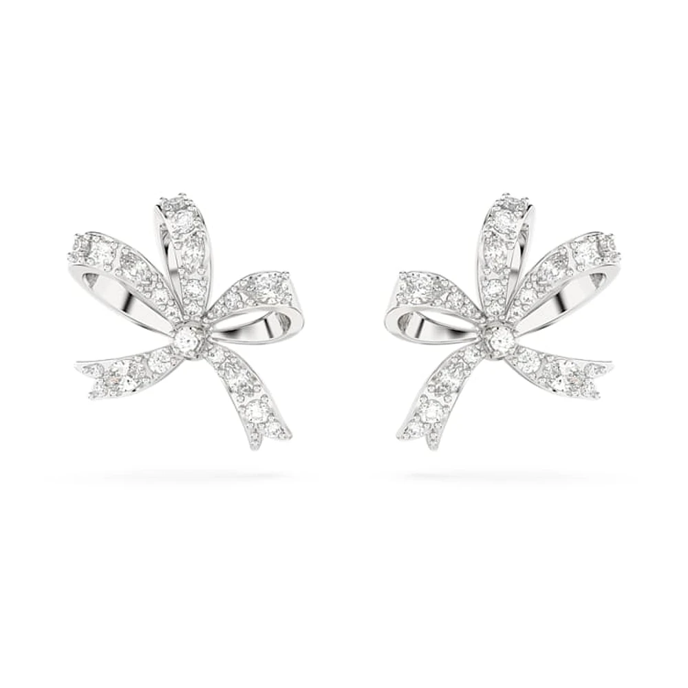 Hyperbola stud earrings, Bow, Small, White, Rhodium plated by SWAROVSKI