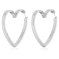 Matrix hoop earrings, Heart, Large, White, Rhodium plated by SWAROVSKI