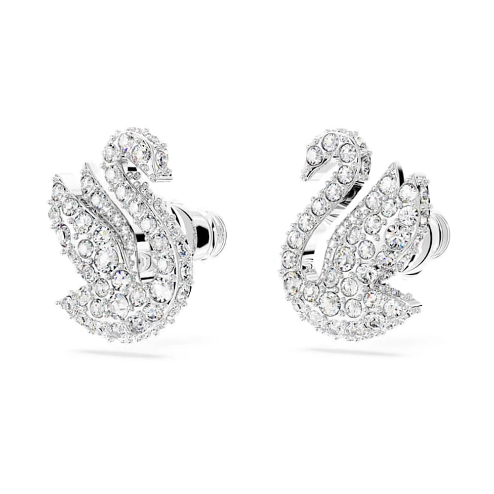 Swan stud earrings, Swan, White, Rhodium plated by SWAROVSKI