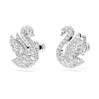 Swan stud earrings, Swan, White, Rhodium plated by SWAROVSKI