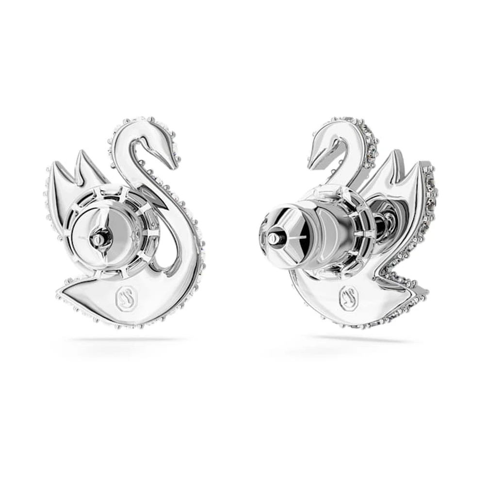 Swan stud earrings, Swan, White, Rhodium plated by SWAROVSKI