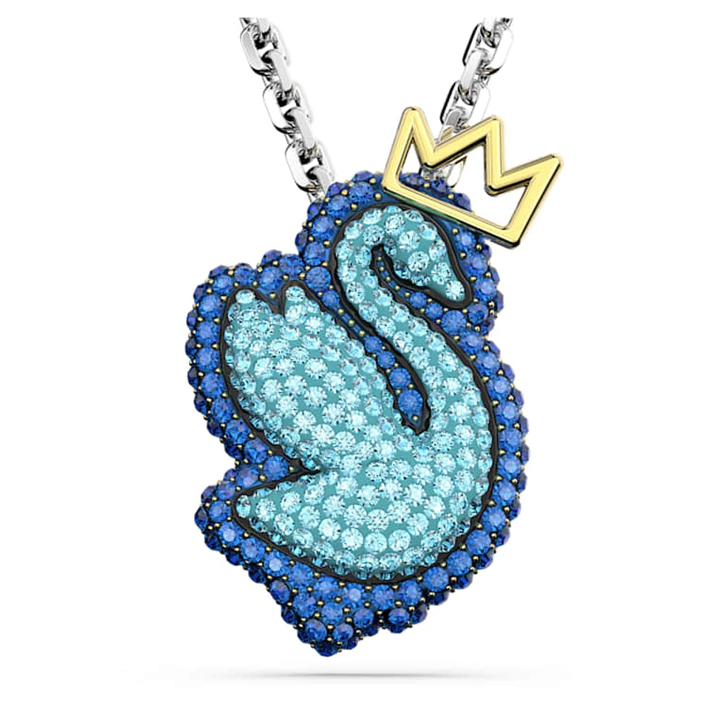 Swan pendant, Swan, Long, Blue, Rhodium plated by SWAROVSKI