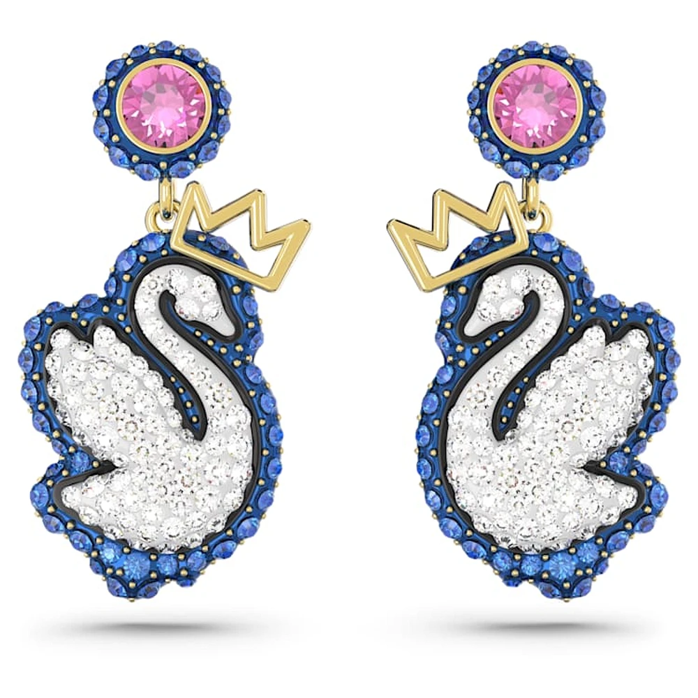 Swan drop earrings, Swan, Blue, Gold-tone plated by SWAROVSKI