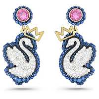 Swan drop earrings, Swan, Blue, Gold-tone plated by SWAROVSKI