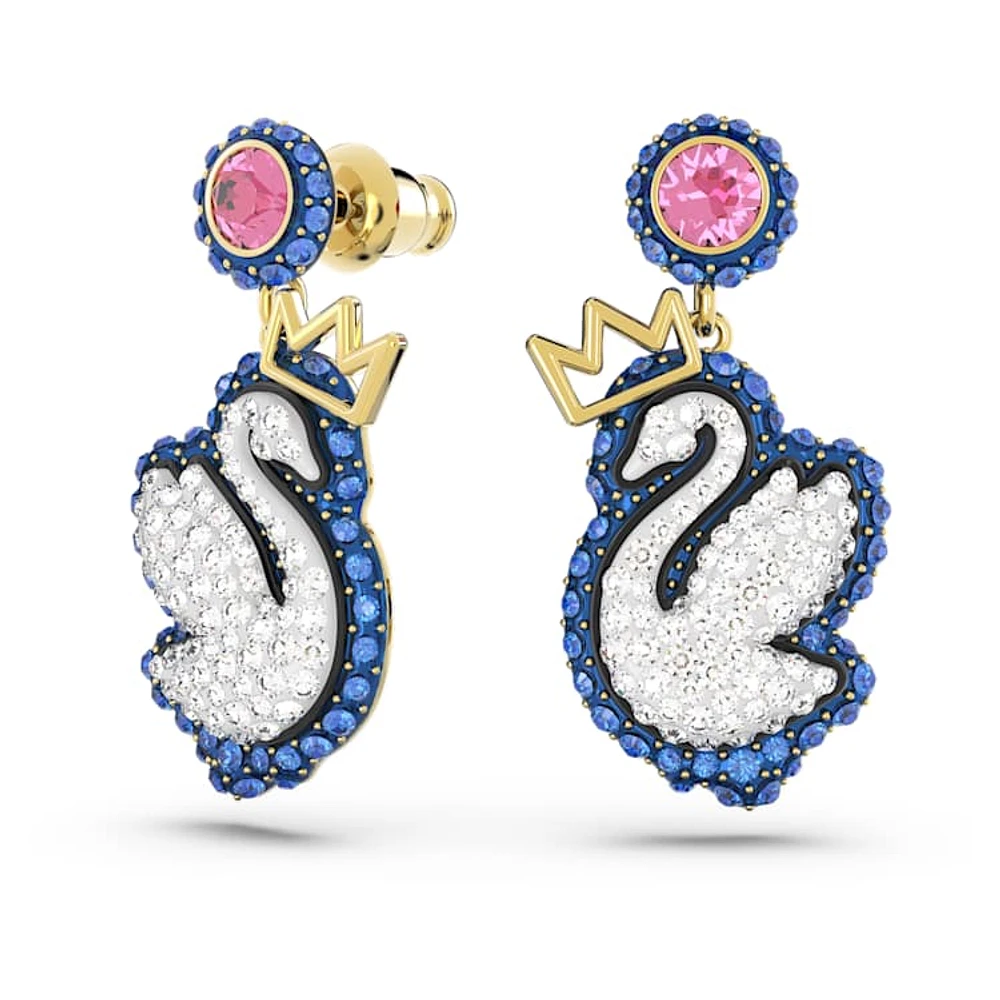 Swan drop earrings, Swan, Blue, Gold-tone plated by SWAROVSKI