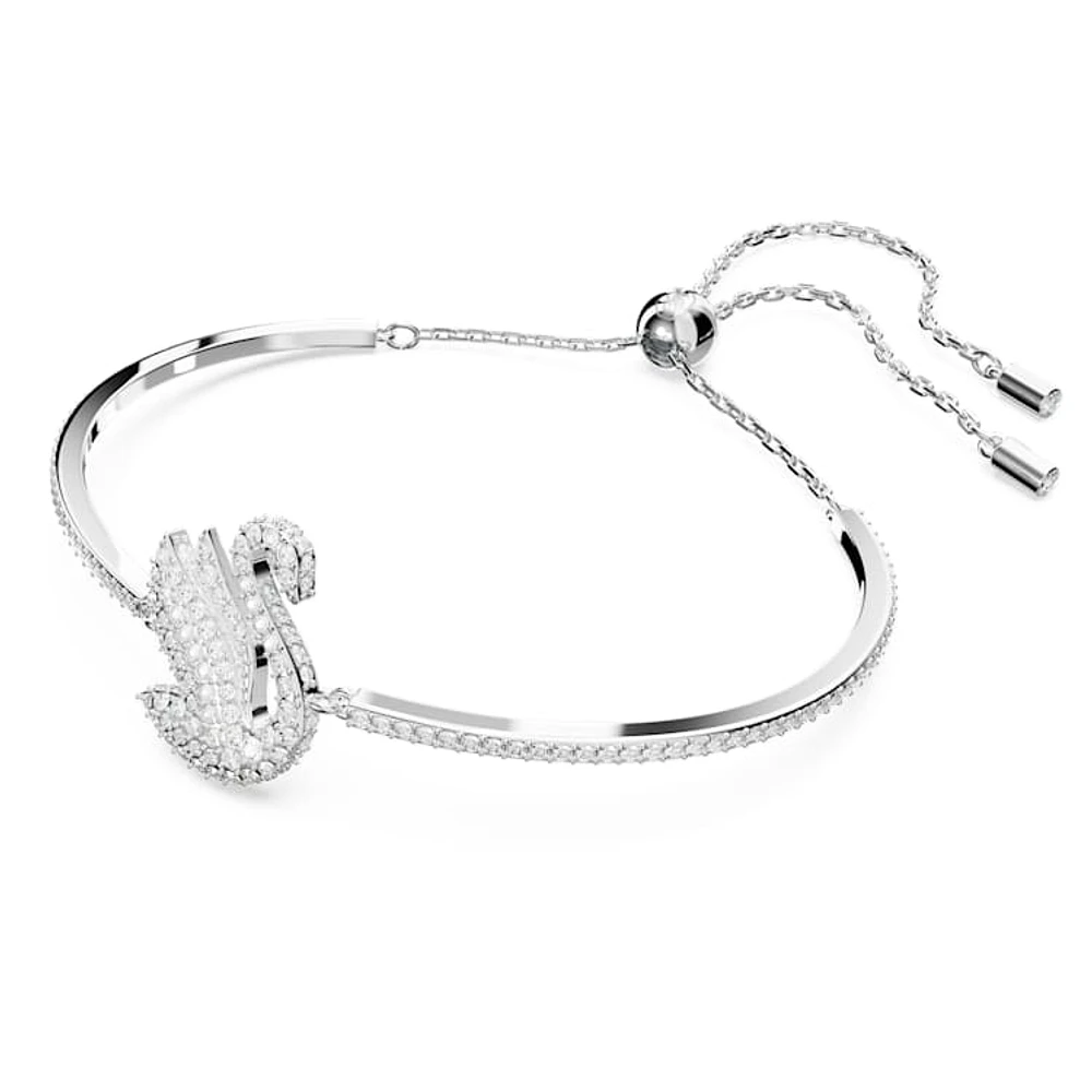 Swan bangle, Swan, White, Rhodium plated by SWAROVSKI