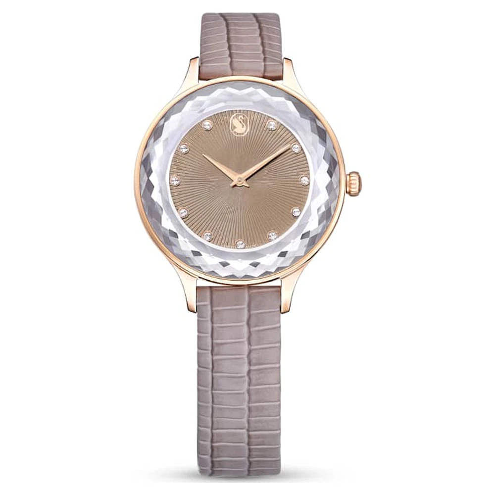 Octea Nova watch, Swiss Made, Leather strap, Beige, Rose gold-tone finish by SWAROVSKI