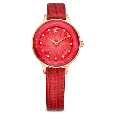 Octea Nova watch, Swiss Made, Leather strap, Red, Rose gold-tone finish by SWAROVSKI