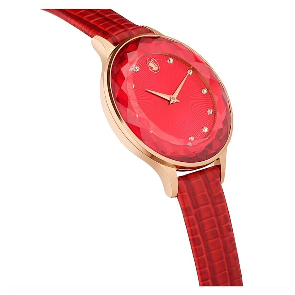 Octea Nova watch, Swiss Made, Leather strap, Red, Rose gold-tone finish by SWAROVSKI