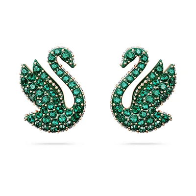 Swan stud earrings, Swan, Green, Rose gold-tone plated by SWAROVSKI