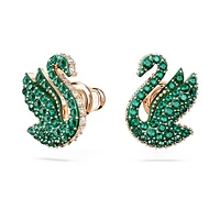 Swan stud earrings, Swan, Green, Rose gold-tone plated by SWAROVSKI