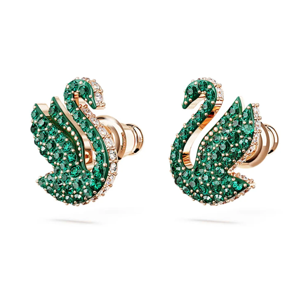 Swan stud earrings, Swan, Green, Rose gold-tone plated by SWAROVSKI