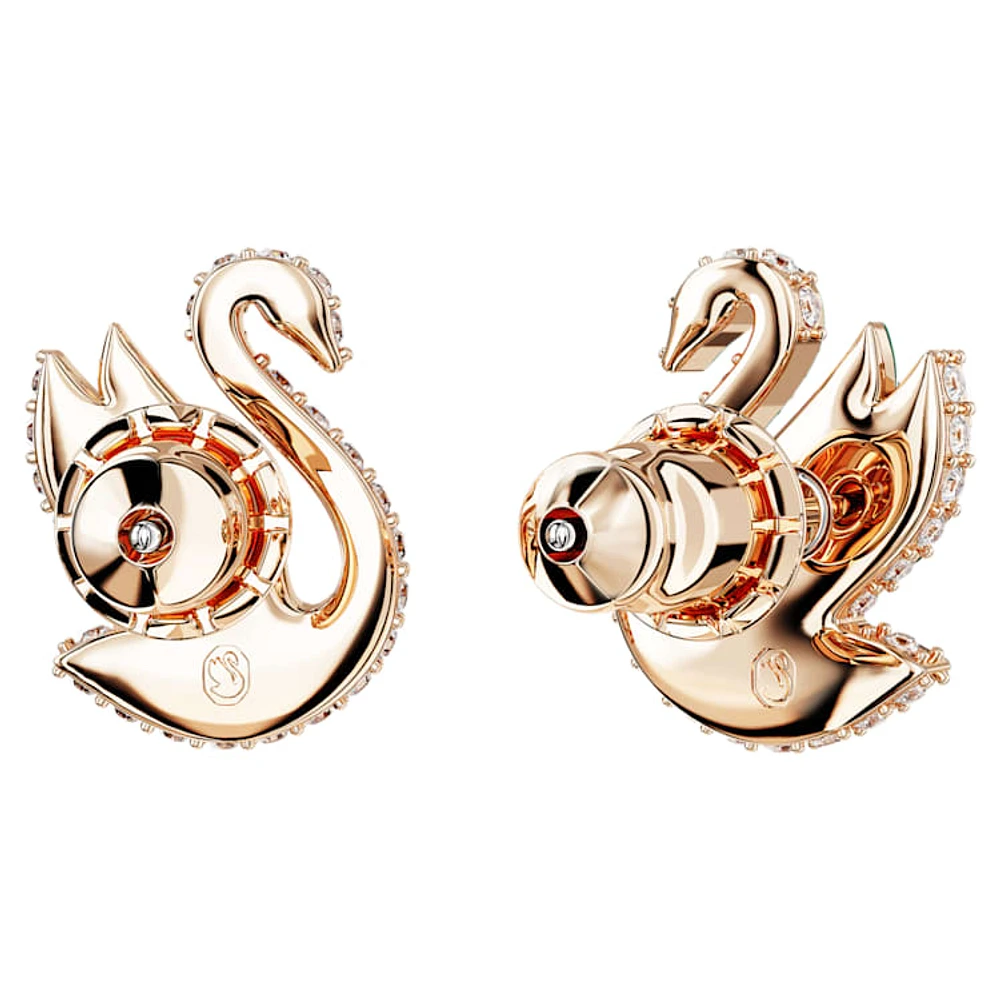 Swan stud earrings, Swan, Green, Rose gold-tone plated by SWAROVSKI