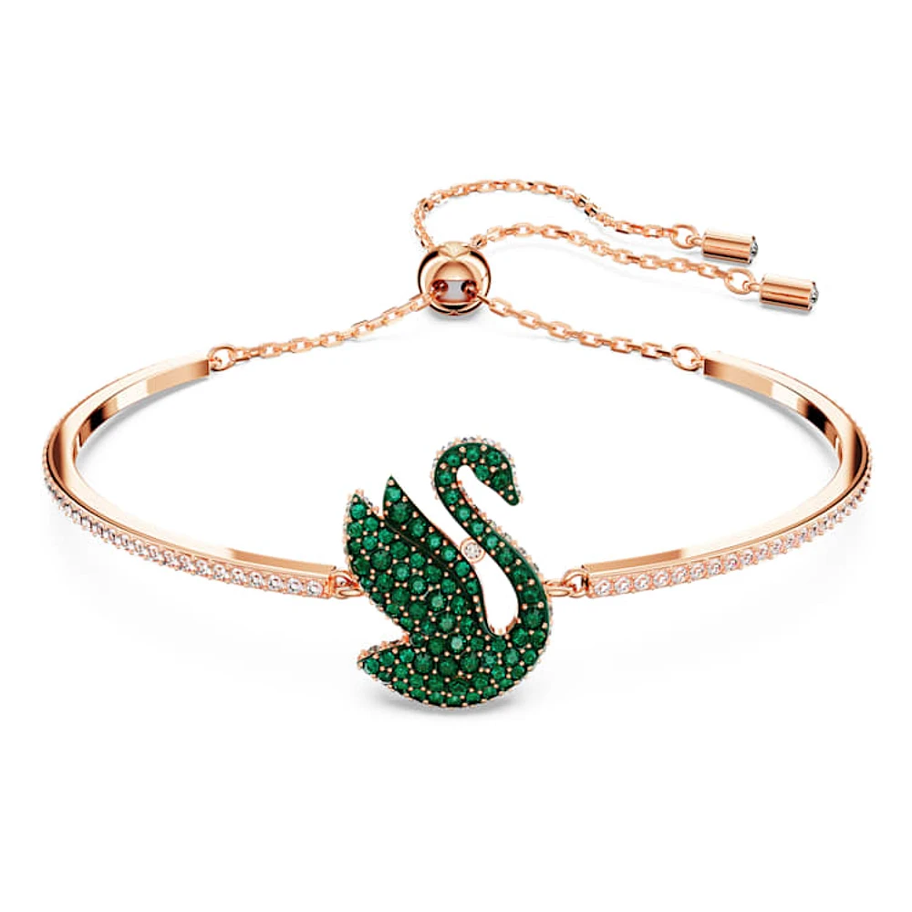 Swan bangle, Swan, Green, Rose gold-tone plated by SWAROVSKI