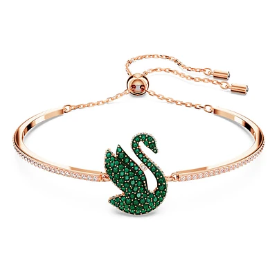 Swan bangle, Swan, Green, Rose gold-tone plated by SWAROVSKI