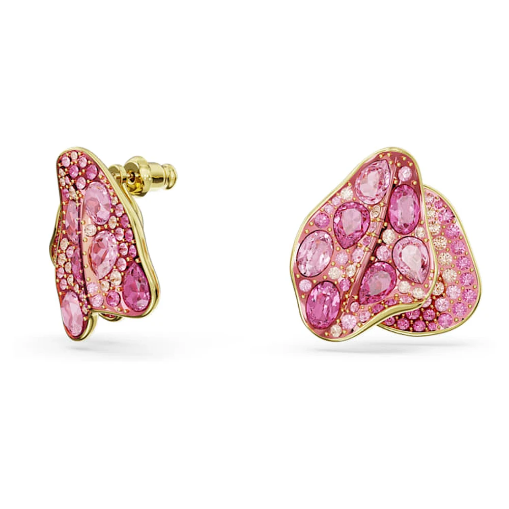 Idyllia stud earrings, Asymmetrical design, Flower, Pink, Gold-tone plated by SWAROVSKI