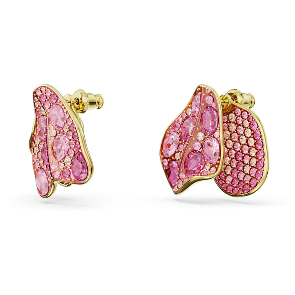 Idyllia stud earrings, Asymmetrical design, Flower, Pink, Gold-tone plated by SWAROVSKI