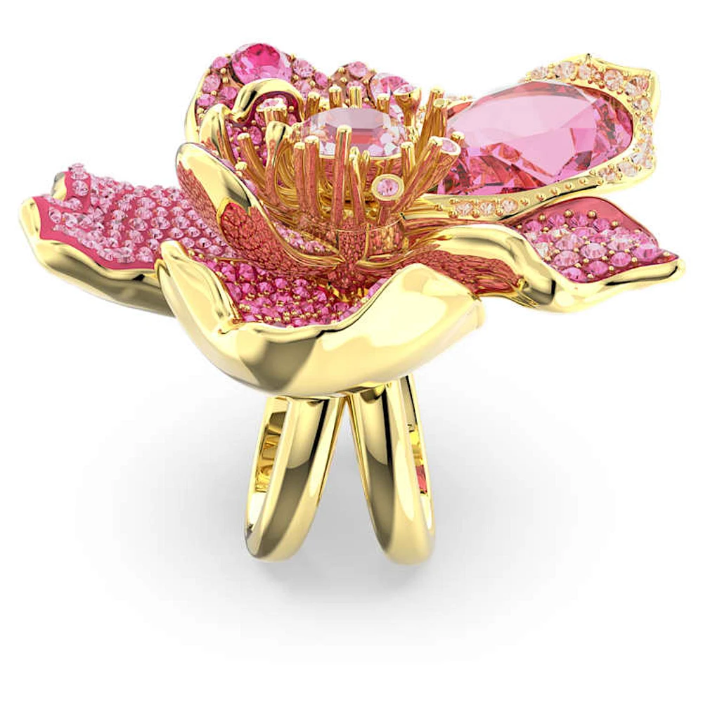 Idyllia cocktail ring, Pavé, Flower, Pink, Gold-tone plated by SWAROVSKI