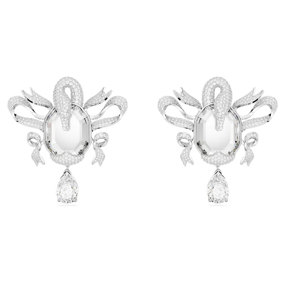 Fashion Swan clip earrings, Swan, White, Rhodium plated by SWAROVSKI