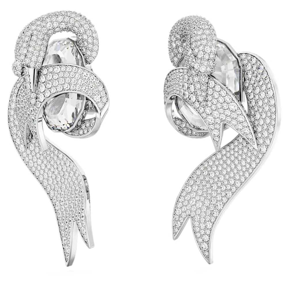 Fashion Swan clip earrings, Asymmetrical design, Swan, White, Rhodium plated by SWAROVSKI