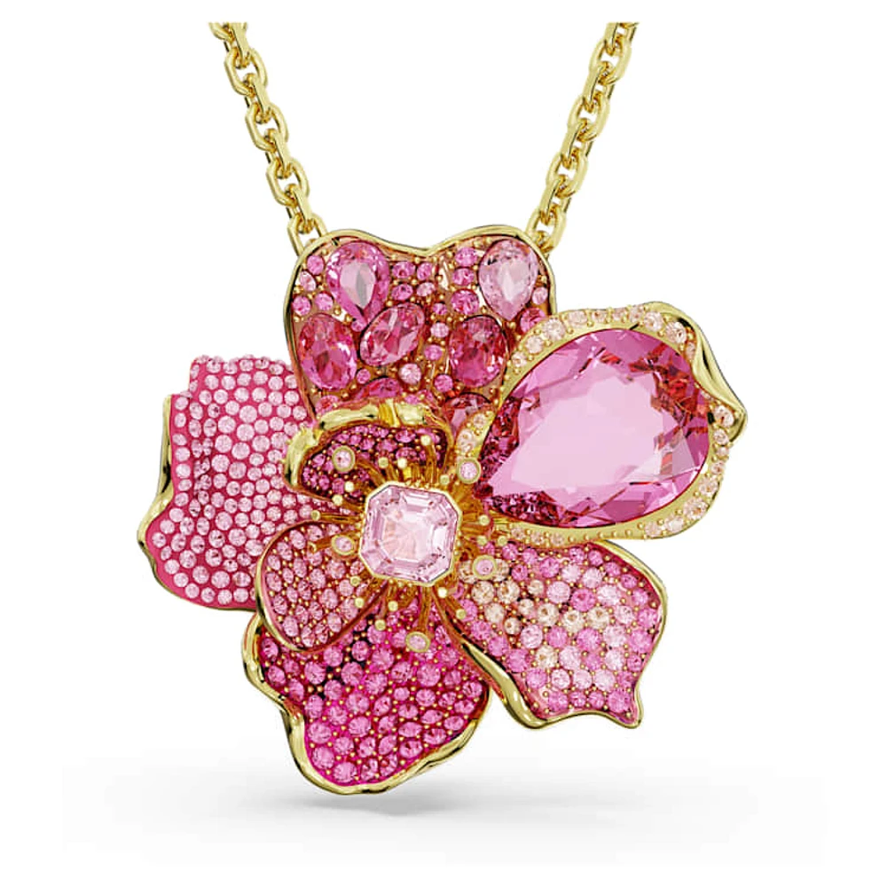 Idyllia pendant and brooch, Pavé, Flower, Pink, Gold-tone plated by SWAROVSKI