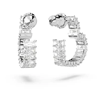 Matrix hoop earrings, Baguette cut, Heart, Small, White, Rhodium plated by SWAROVSKI