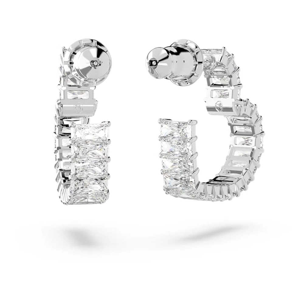 Matrix hoop earrings, Heart, Small, White, Rhodium plated by SWAROVSKI