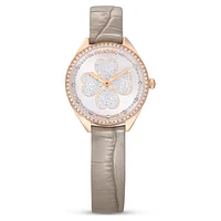 Attract watch, Swiss Made, Clover, Leather strap, Grey, Rose gold-tone finish by SWAROVSKI