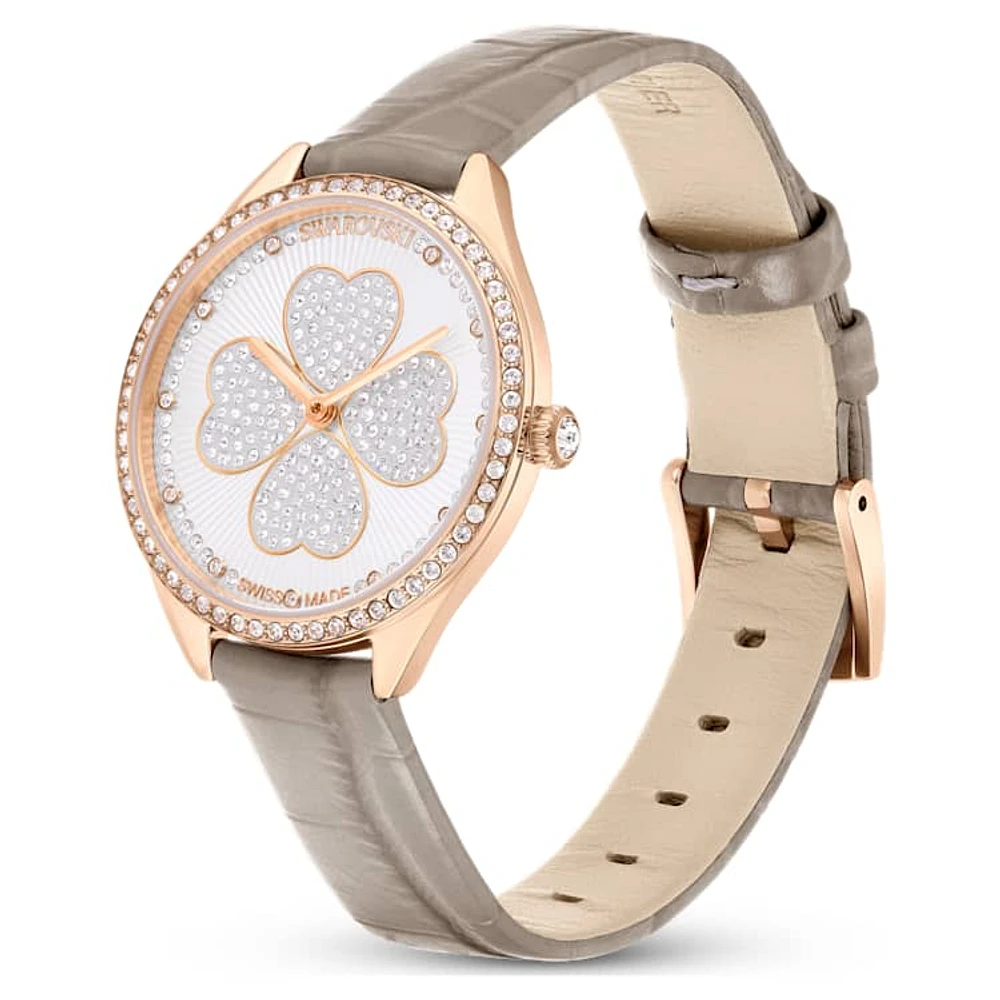 Attract watch, Swiss Made, Clover, Leather strap, Grey, Rose gold-tone finish by SWAROVSKI