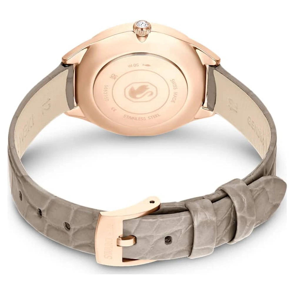 Attract watch, Swiss Made, Clover, Leather strap, Grey, Rose gold-tone finish by SWAROVSKI