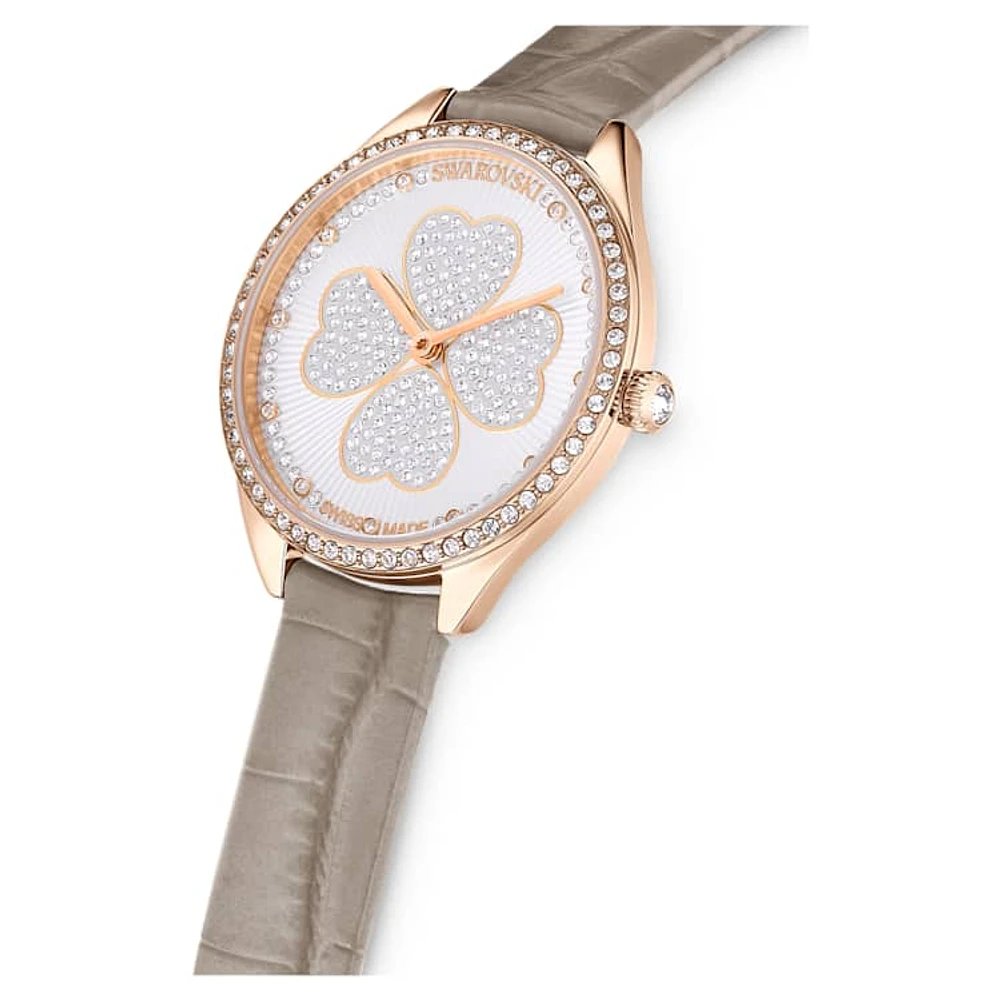 Attract watch, Swiss Made, Clover, Leather strap, Grey, Rose gold-tone finish by SWAROVSKI