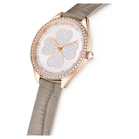 Attract watch, Swiss Made, Clover, Leather strap, Grey, Rose gold-tone finish by SWAROVSKI