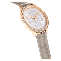 Attract watch, Swiss Made, Clover, Leather strap, Grey, Rose gold-tone finish by SWAROVSKI