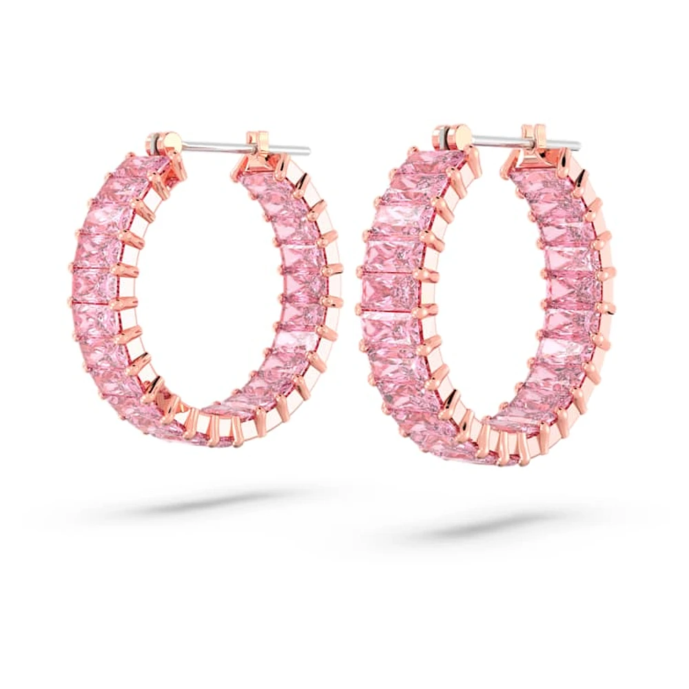 Matrix hoop earrings, Baguette cut, Pink, Rose gold-tone plated by SWAROVSKI