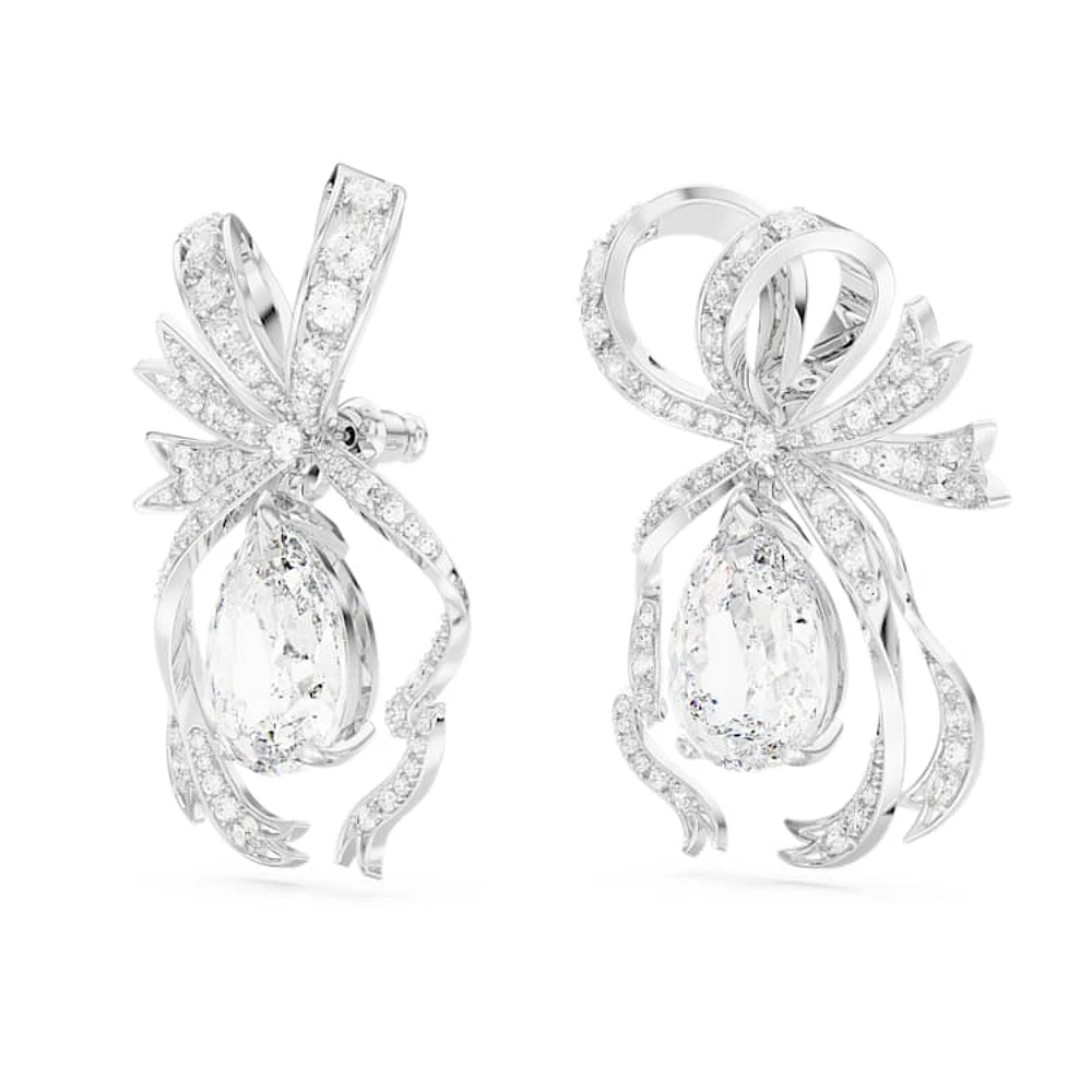 Hyperbola drop earrings, Pear cut, Bow, White, Rhodium plated by SWAROVSKI