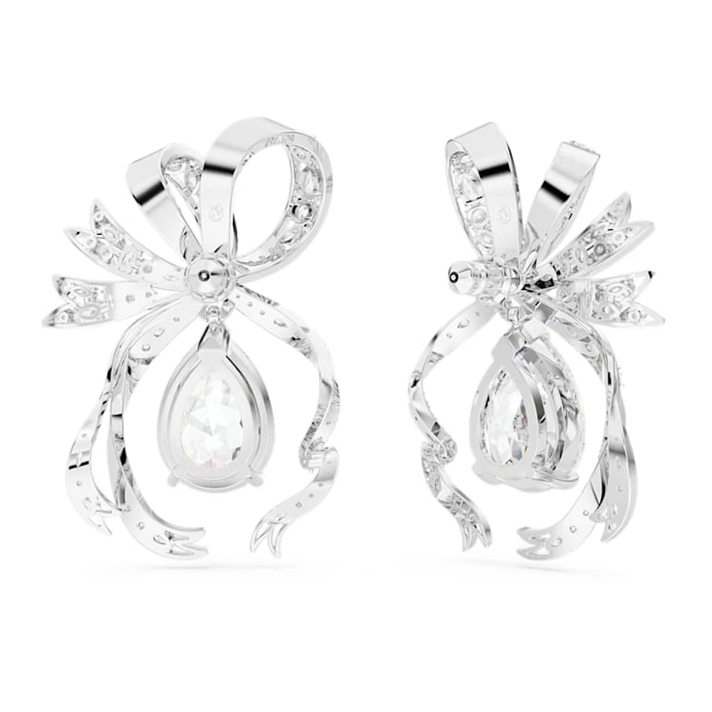 Hyperbola drop earrings, Pear cut, Bow, White, Rhodium plated by SWAROVSKI