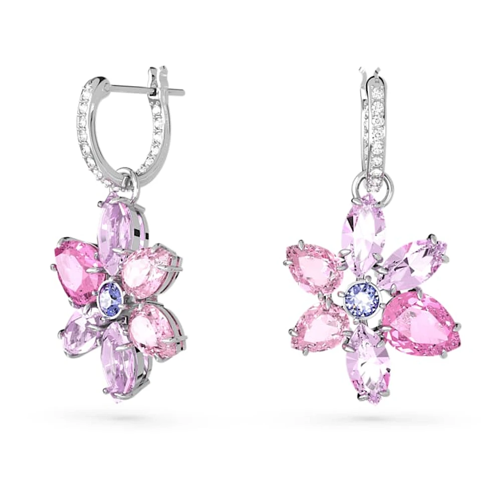 Gema drop earrings, Mixed cuts, Flower, Pink, Rhodium plated by SWAROVSKI