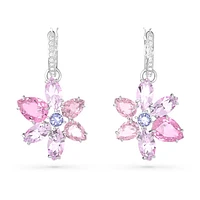 Gema drop earrings, Mixed cuts, Flower, Pink, Rhodium plated by SWAROVSKI