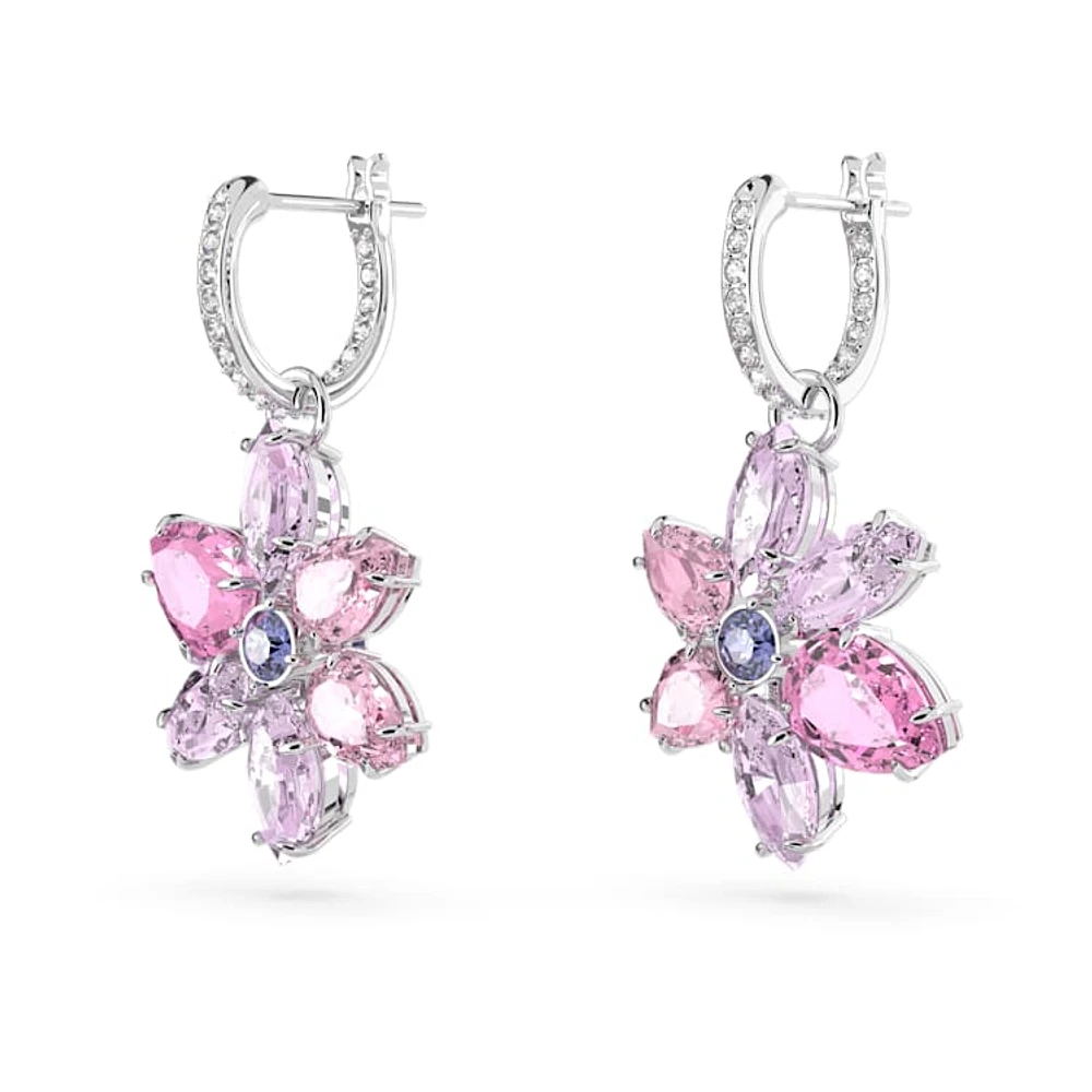 Gema drop earrings, Mixed cuts, Flower, Pink, Rhodium plated by SWAROVSKI