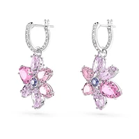 Gema drop earrings, Mixed cuts, Flower, Pink, Rhodium plated by SWAROVSKI