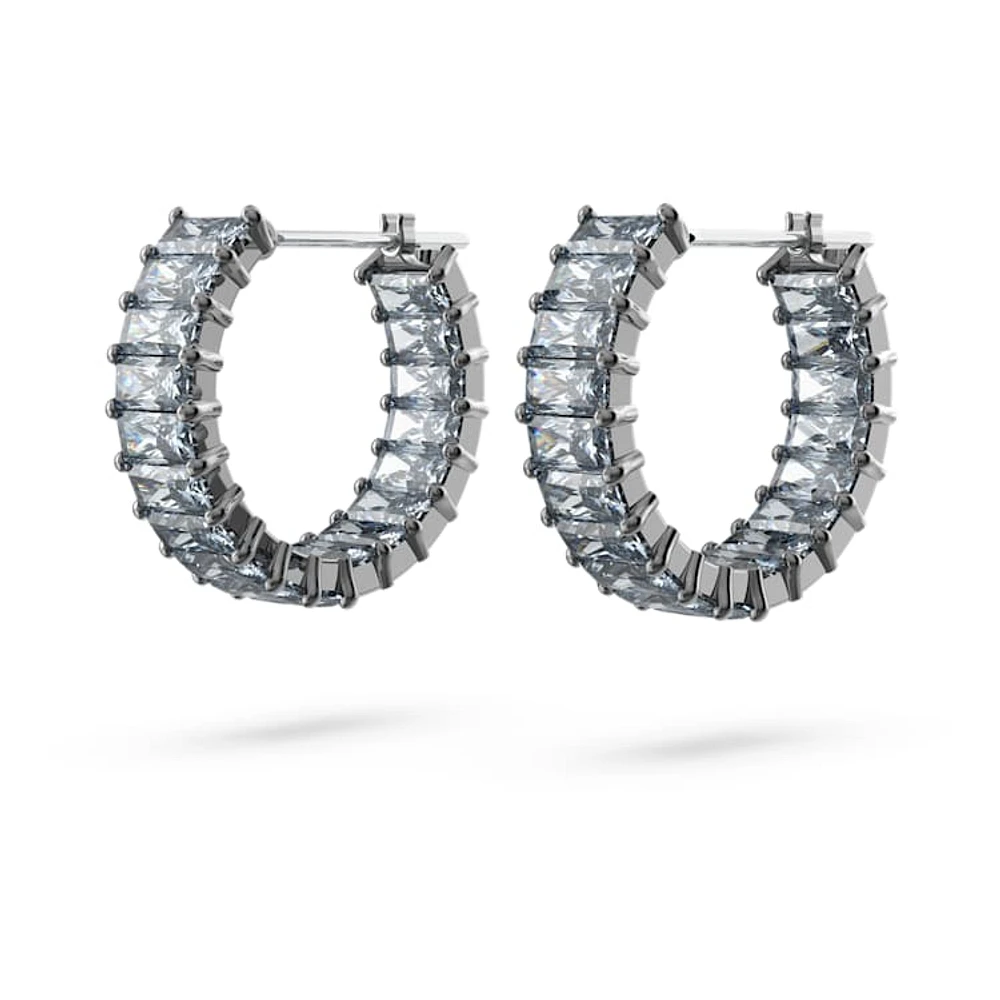 Matrix hoop earrings, Baguette cut, Grey, Ruthenium plated by SWAROVSKI