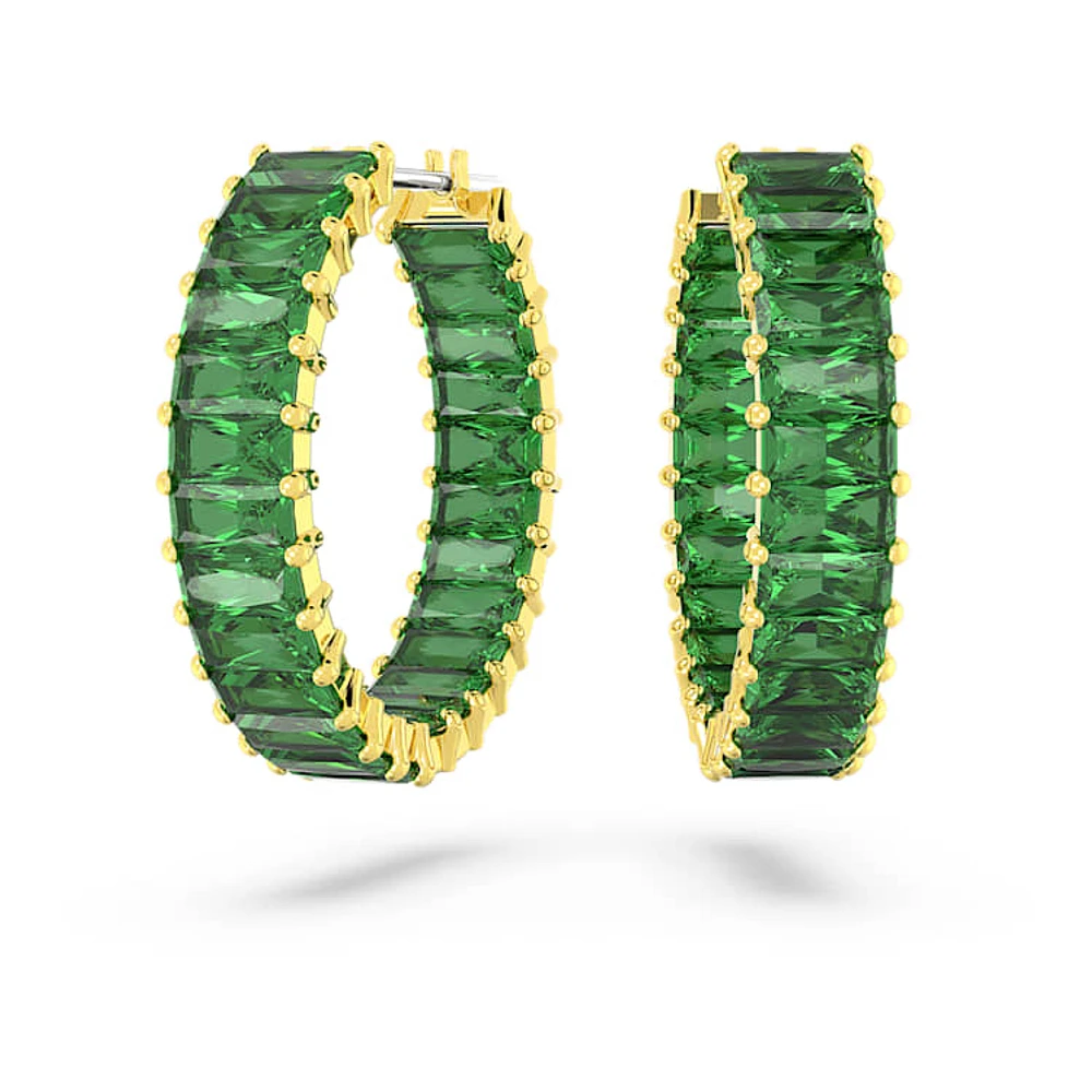 Matrix hoop earrings, Baguette cut, Green, Gold-tone plated by SWAROVSKI