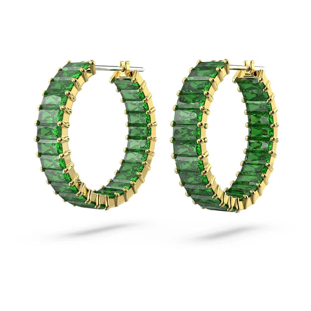 Matrix hoop earrings, Baguette cut, Green, Gold-tone plated by SWAROVSKI