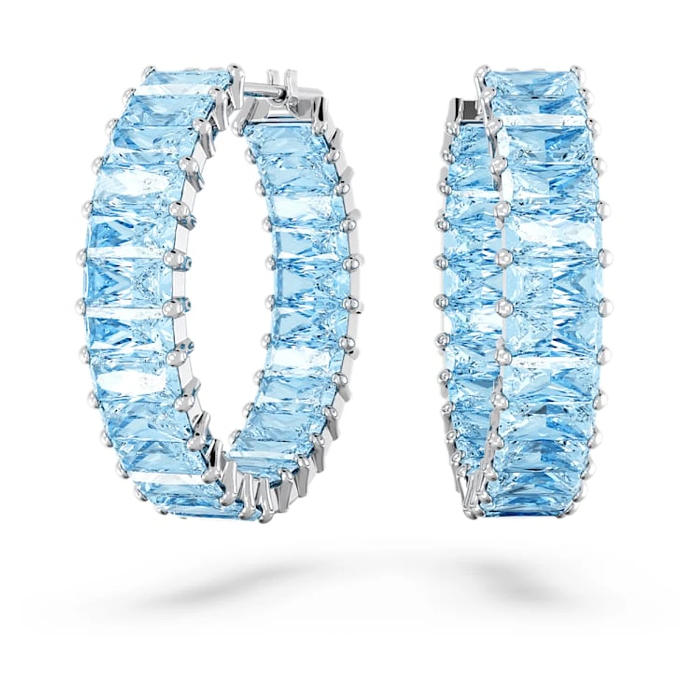 Matrix hoop earrings, Baguette cut, Blue, Rhodium plated by SWAROVSKI