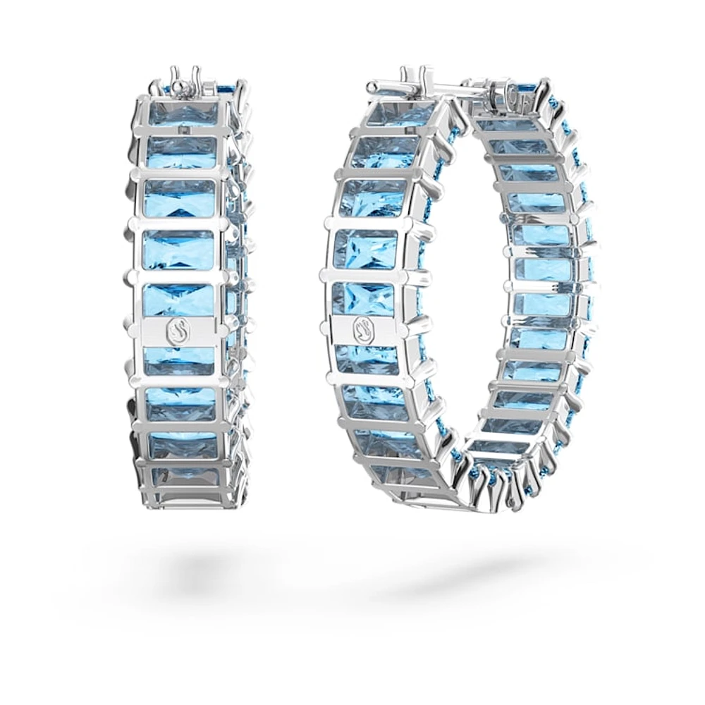 Matrix hoop earrings, Baguette cut, Blue, Rhodium plated by SWAROVSKI