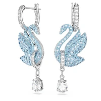 Swan drop earrings, Swan, Blue, Rhodium plated by SWAROVSKI